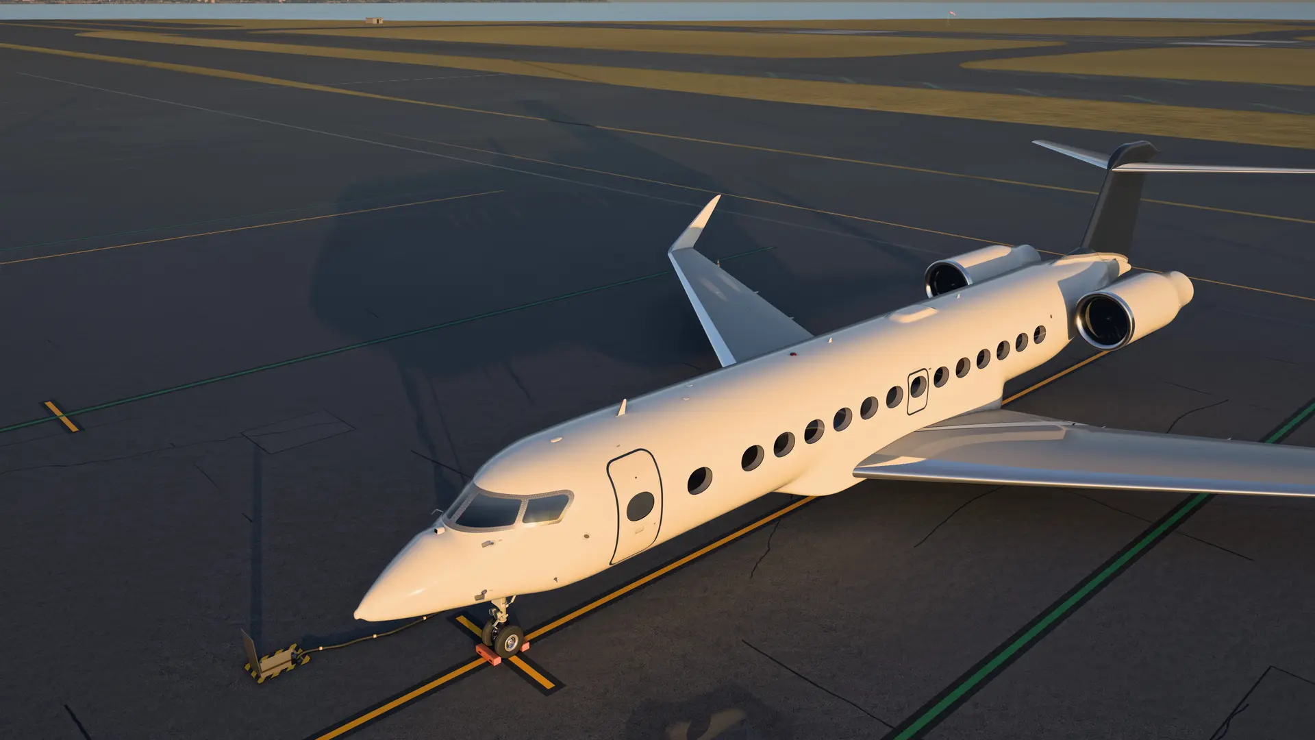 An artist’s impression of LUEUR, an ultra-long-range business jet, seen from above its nose on the ramp at Nice in the golden light of late afternoon.
