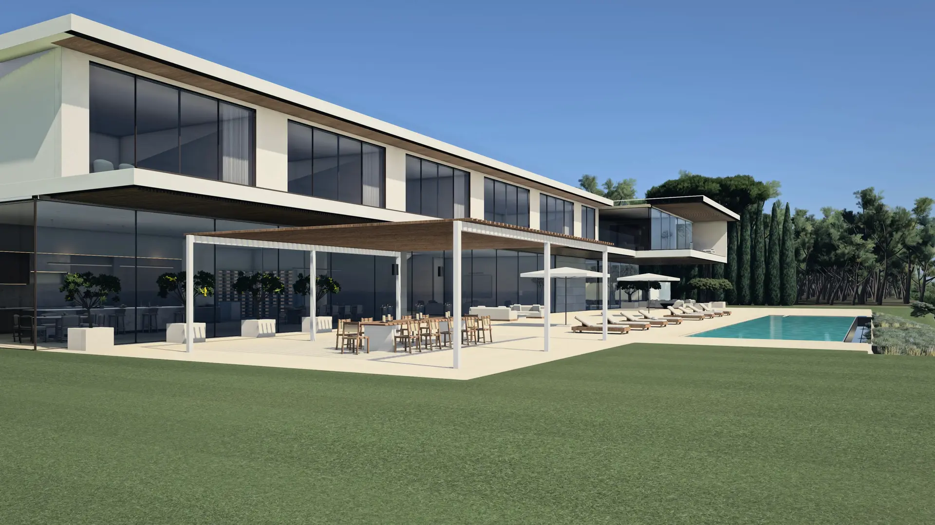An artist’s impression of MIRALL from its garden on the sea side: the long white two-storey house with its pergola and terrace above the lawn, the pool beside it and the sea beyond the trees.