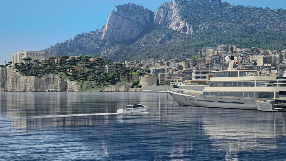 A tender running in across calm water past a motor yacht at anchor off Monaco, with the cliffs of the Rock, the town and the mountains behind, on a clear day.