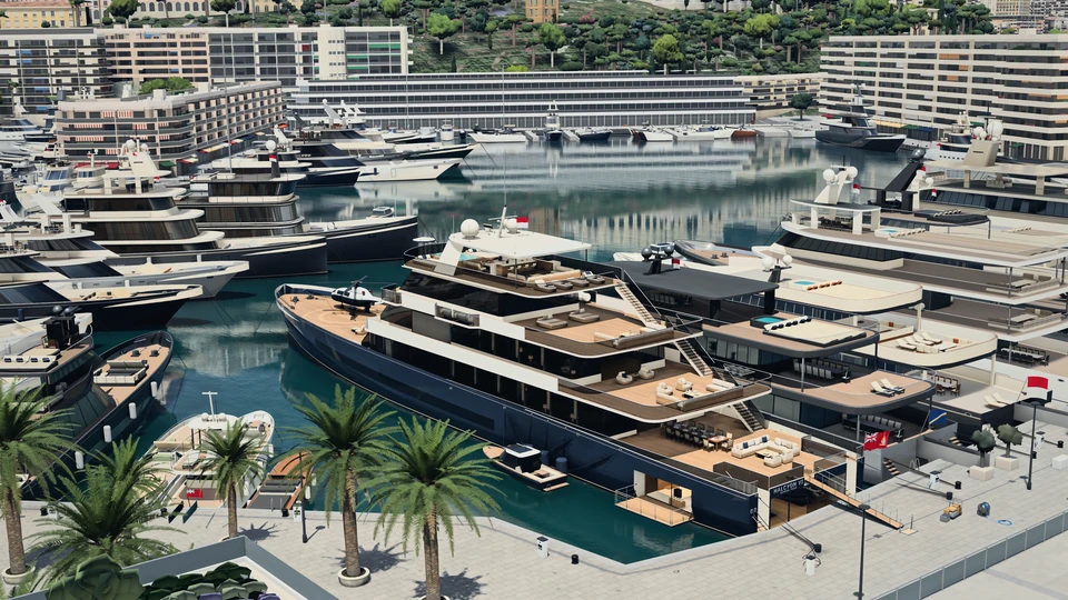 HALCYON VI from above: a navy-hulled motor yacht moored stern-to at the end of a row of yachts, her passerelle down to a quay lined with palms.