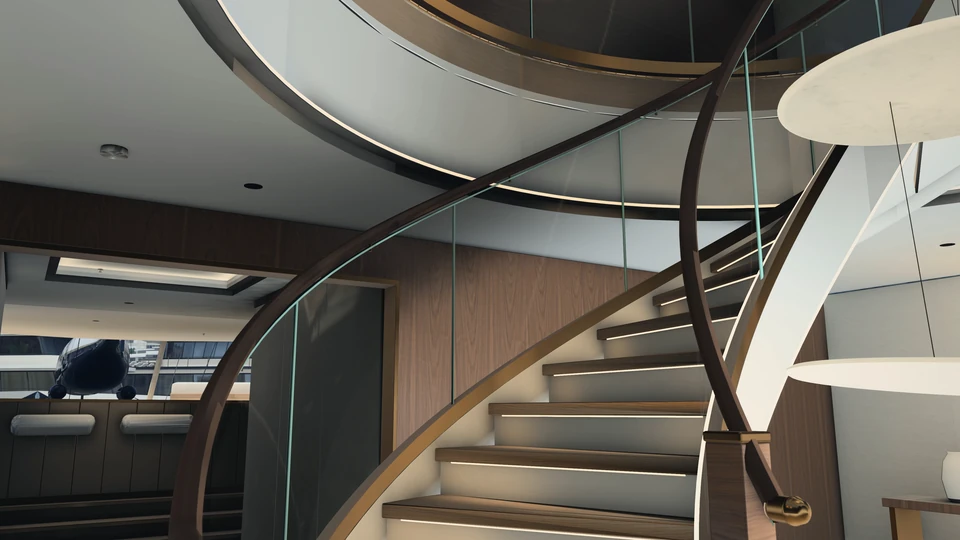 HALCYON VI’s central stair from its lower steps: lit treads curving up under a dark wooden handrail and a glass balustrade, alabaster discs hanging in the stair’s eye.