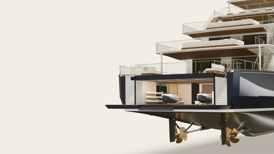 The stern of HALCYON VI on an ivory set: the transom platform lowered, the garage open with its tenders inside, the decks stepping up above.