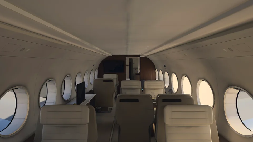 The forward cabin of LUEUR: cream leather seats in facing pairs under round windows, a conference group beyond.