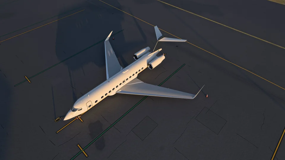 An artist’s impression of LUEUR from above, the whole aircraft on the ramp at Nice in the low golden light of late afternoon, its long shadow across the apron.