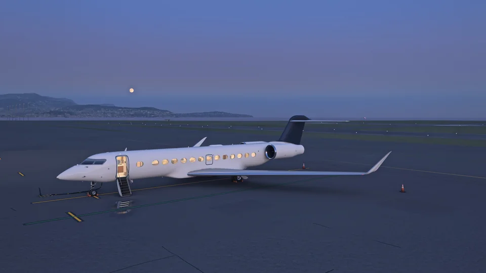 An artist’s impression of LUEUR at dusk on the ramp at Nice: its cabin windows lit and the airstair down, the moon over the hills.