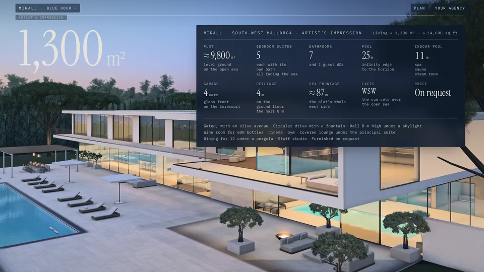 A mock-up of MIRALL’s page at the blue hour under an agency’s name: the placeholder “Your agency” in the header where the studio’s mark stands, and over the sky the listing card (plot about 9,800 m², five bedroom suites, seven bathrooms, a 25 m pool, about 87 m of sea frontage, facing west-south-west, price on request).