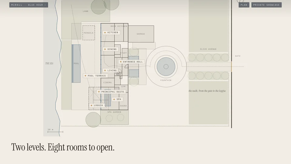 The plan of MIRALL in ink on ivory: the gate and the olive avenue, the fountain, the entrance hall, the kitchen, the dining and living rooms, the principal suite, the spa and the loggia, the pool terrace and the sea, each room marked to open.