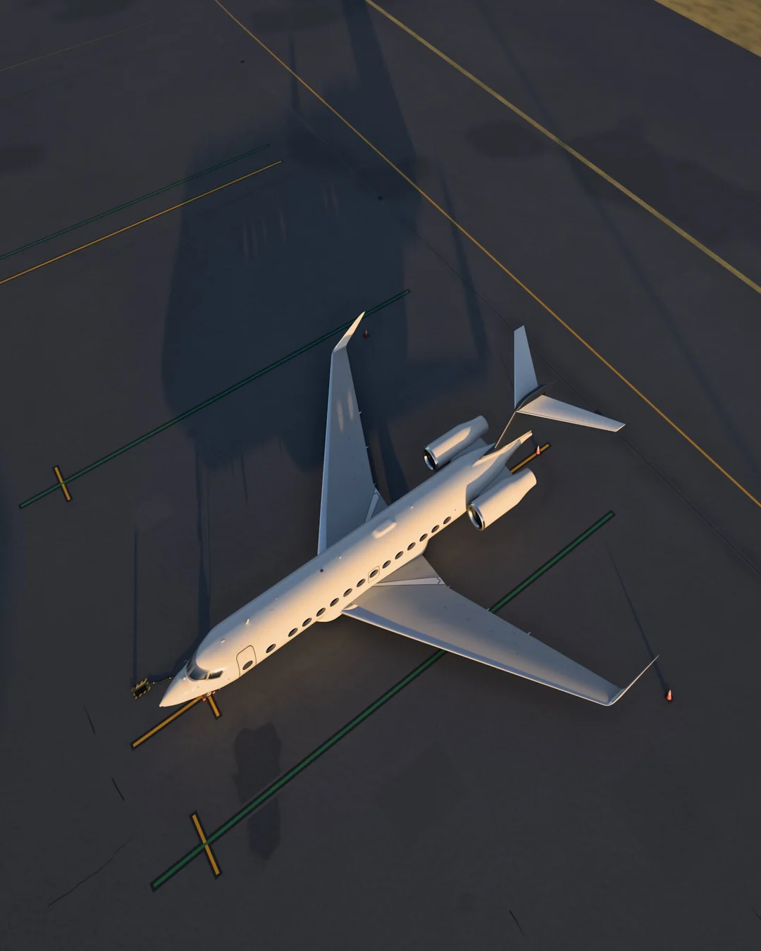 Eine Visualisierung von LUEUR, einem Ultralangstrecken-Businessjet, von oben gesehen: das ganze Flugzeug auf dem Vorfeld von Nice im flachen goldenen Licht, sein langer Schatten auf dem Beton.