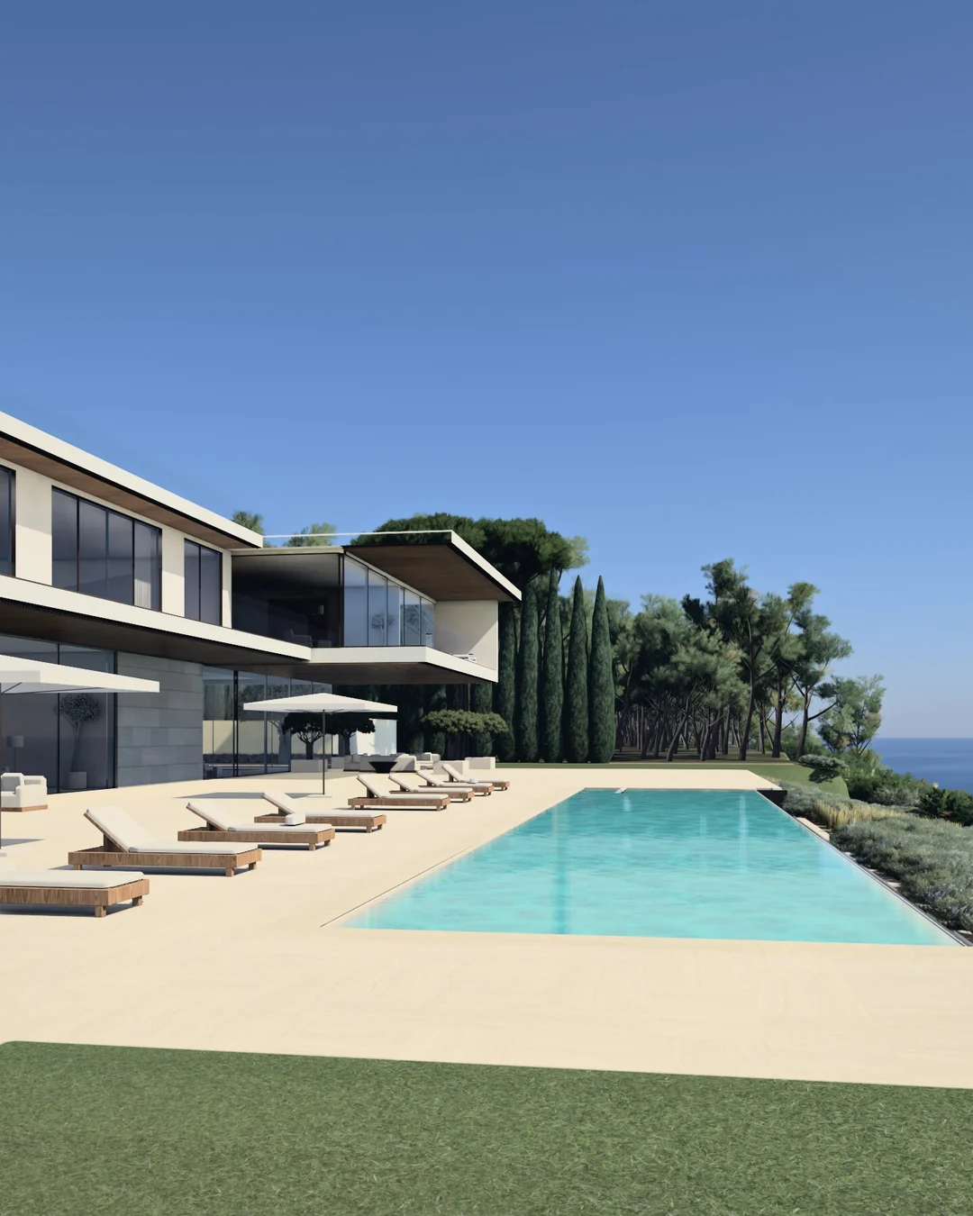 Eine Visualisierung von MIRALL: ein weißes, zweigeschossiges Haus mit tief zurückgesetzten Glasfronten über einem langen Pool und seiner Terrasse, daneben Zypressen und das Meer.